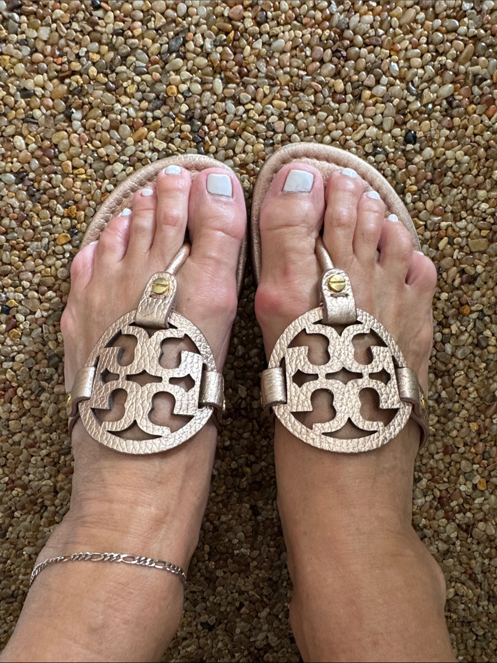 Tory Burch Metallic Rose Gold Logo Thong Sandals - Women's